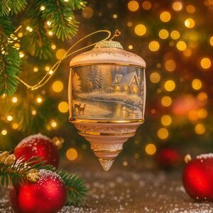 Thomas Kinkade Christmas Ornament Pink Gold Finial Winter Cottage Scene Vintage